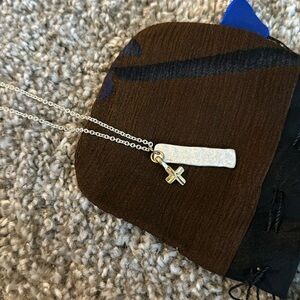 Silver cross necklace with silver bar charm adjustable length short